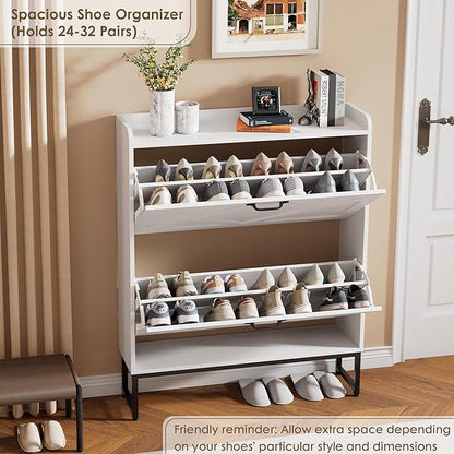 Nicetree Shoe Storage Cabinet with 2 Flip Drawers, Freestanding Shoe Organizer, Shoe Cabinet with Metal Legs, Narrow Shoe Rack Cabinet, Farmhouse Slim Shoe Cabinet for Entryway, Foyer, Hallway, White