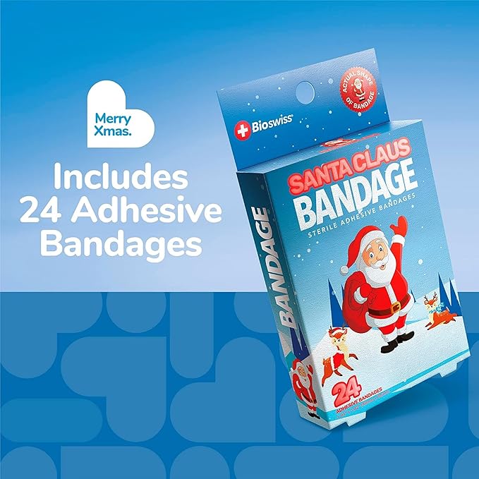 BioSwiss Kids Bandages, Christmas Santa Claus Shaped Self Adhesive Bandage Set, Latex Free, Sterile Wound Care, 24 Count