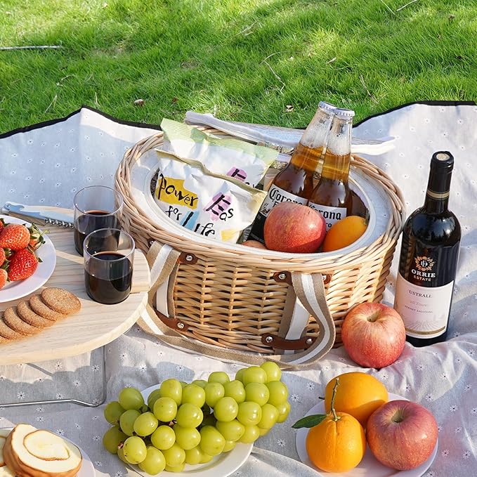 Picnic Basket Set for 4 - Wicker Insulated Picnic Basket with Folding Wine Table, Wine Picnic Kit with Liner for Couples, Camping, Outdoor, Valentine (WhiteFlower)