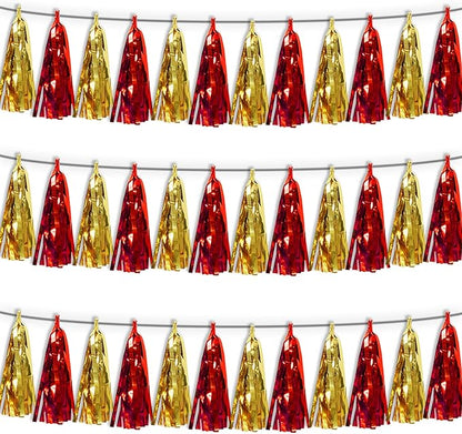 3P Red Gold Tassel Banner Garland Metallic Foil Fringe Banner Tinsel Tassels Streamer Banner Backdrop for Parade Floats Graduation Halloween, Christmas, Baby Bridal Shower Party Decorations