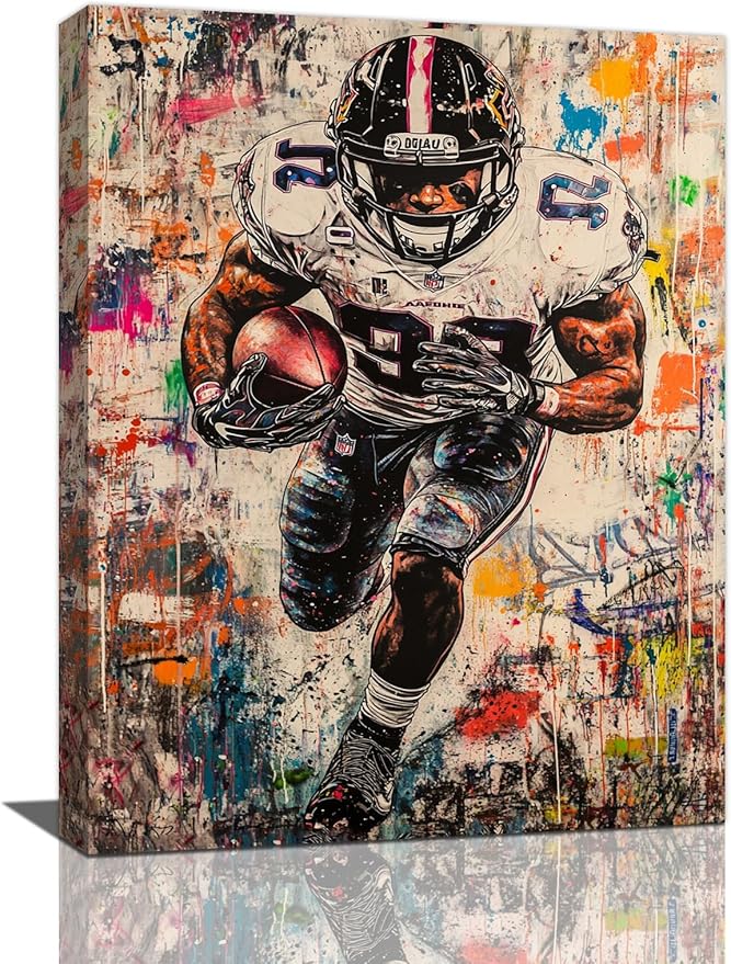 Graffiti Football Wall Art, Banksy American Football Pictures Wall Decor, Rugby Sports Canvas Prints Painting, Sport Poster Framed Artwork for Boys Room Bedroom Bathroom Living Room Office 20"X16"