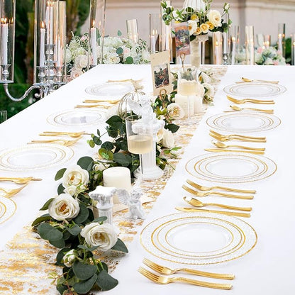 Nervure 300PCS Gold Hammered Plastic Silverware - Heavy Duty Plastic Cutlery - Gold Disposable Utensils Includes 100 Forks, 100 Knives, 100 Spoons Perfect for Wedding & Party