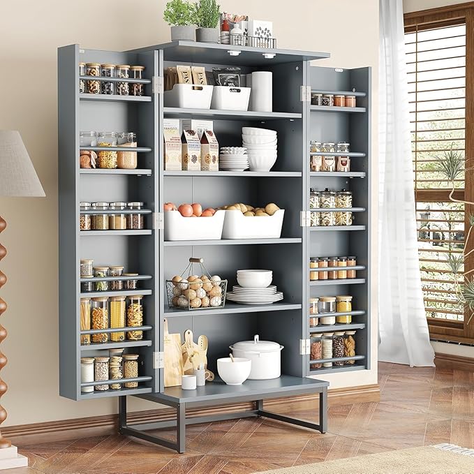 51" Kitchen Pantry Storage Cabinet, Freestanding Pantry Cabinets with Doors andAdjustable Shelves, Buffet Cupboards Storage Cabinet for Home Office Use, DinningRoom(Grey)