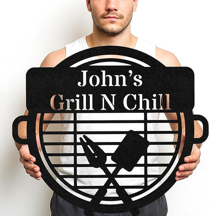 Custom Name BBQ Grill Wall Sign, Personalized Outdoor Kitchen Metal Cut Decor, Rustic Patio Backyard Barbecue Gift