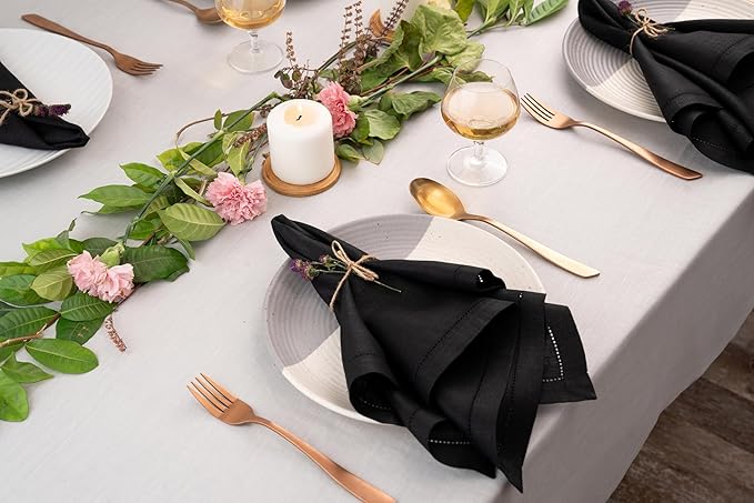 D'Moksha Homes Black Linen Napkins Set of 4 - Classic Hemstitch 100% Pure Linen Hemstitch Dinner Napkins 20 x 20 Inch for Winter, Christmas, Holiday - Handcrafted and Machine Washable