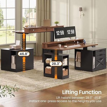 SEDETA Farmhouse Electric Standing Desk, 55" Height Adjustable Computer Desk with 3 Drawers, File Cabinet, Storage Shelves, Power Outlets, Wood Home Office Desk for Work, Study, Writing, Black