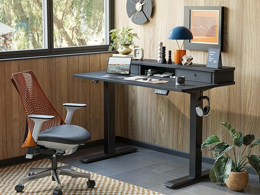 TIQLAB Standing Desk with Two Drawers, Stand Up Standing Desk Adjustable Height, Electric Sit Stand Table with Storage Shelf and Splice Board, 55 * 24 inch, Black