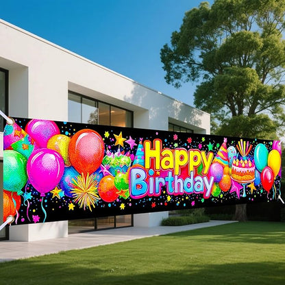 Nuxovilar Happy Birthday Banner Decorations 17.72x78.74 Inch Colorful Party Theme - Polyester for Indoor Outdoor Birthday Party Decor