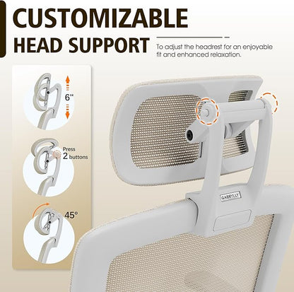 GABRYLLY Ergonomic Office Chair, High Back Home Desk Chair with Headrest, Flip-Up Arms, 90-120° Tilt Lock and Wide Cushion, 300LBS Mesh Chairs for Man Woman, White Task Chair(Beige,GY01WBG)