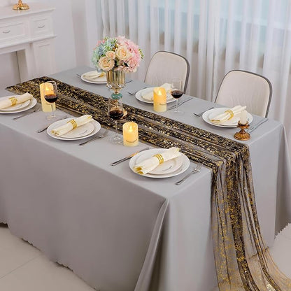 Snowkingdom 10 Pcs Black & Gold Cheesecloth Table Runner 10 FT, Sheer Chiffon Sparkle Gauze Mesh Runners 120 Inch, Glitter Table Centerpieces Decoration for Birthday Party Wedding Christmas Halloween