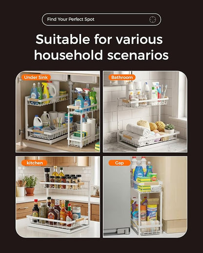 3 Pack Under Sink Organizer, Multi-Purpose 2 Tier Pull-Out Metal Under Kitchen Sink Organizer, Height Adjustable Storage Shelves for Kitchen Bathroom Cabinet (White)