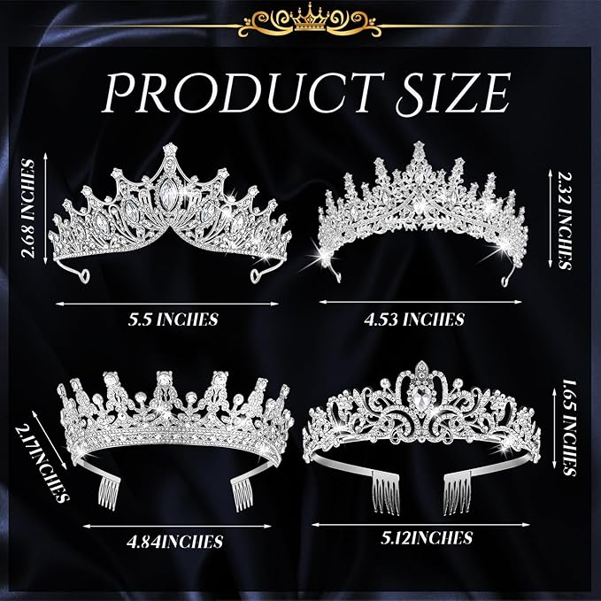 Kigeli 4 Pack Queen Crowns for Women Pageant Crown with Combs Princess Rhinestones Tiara Headband Prom Tiara for Quinceanera Birthday Cosplay Wedding(Silver)