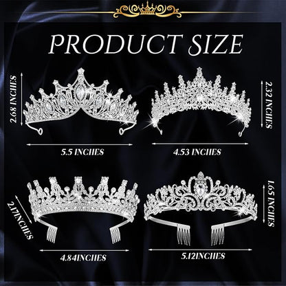 Kigeli 4 Pack Queen Crowns for Women Pageant Crown with Combs Princess Rhinestones Tiara Headband Prom Tiara for Quinceanera Birthday Cosplay Wedding(Silver)