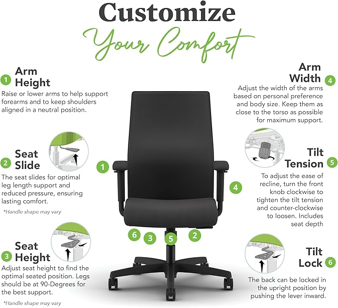 HON Ignition 2.0 Mid Back Task Chair, Standard Synchro-Tilt Control, Office Chair with Lumbar Support, Height and Width Adjustable Arms, Black Frame, Black