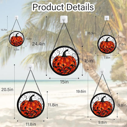 Stained Glass Window Hanging - Halloween Red White Scary Pumpkin Suncatcher for Doors Garden Home Spooky Rattan Sun Catchers Gothic Decor Horror Gifts for Women Men Friend Boy Girl 15 in