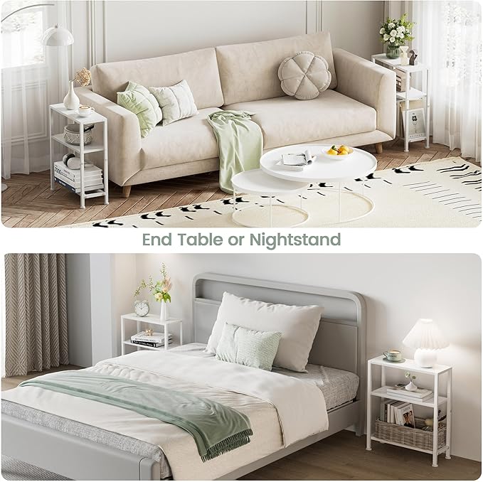 Narrow Side Table for Small Space, 2-Tier Small End Table with Shelf Holder, Slim Nightstand, Skinny Snack Couch Table in Living Room, Bedroom, Study, Kitchen and Balcony (White)