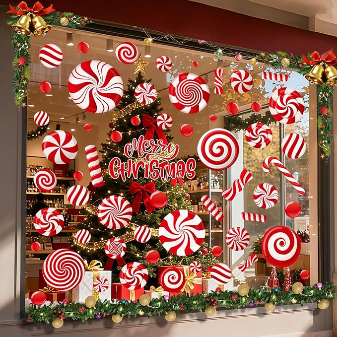 9 Sheets Christmas Window Clings, Candy Cane Christmas Decorations, Candyland Decal Stickers Decor for Home & Office