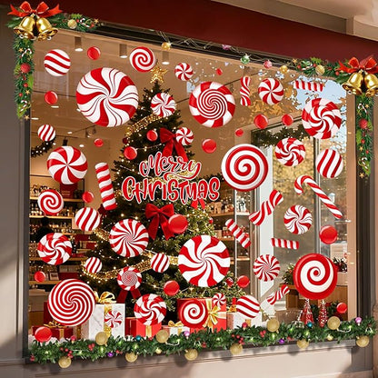 9 Sheets Christmas Window Clings, Candy Cane Christmas Decorations, Candyland Decal Stickers Decor for Home & Office