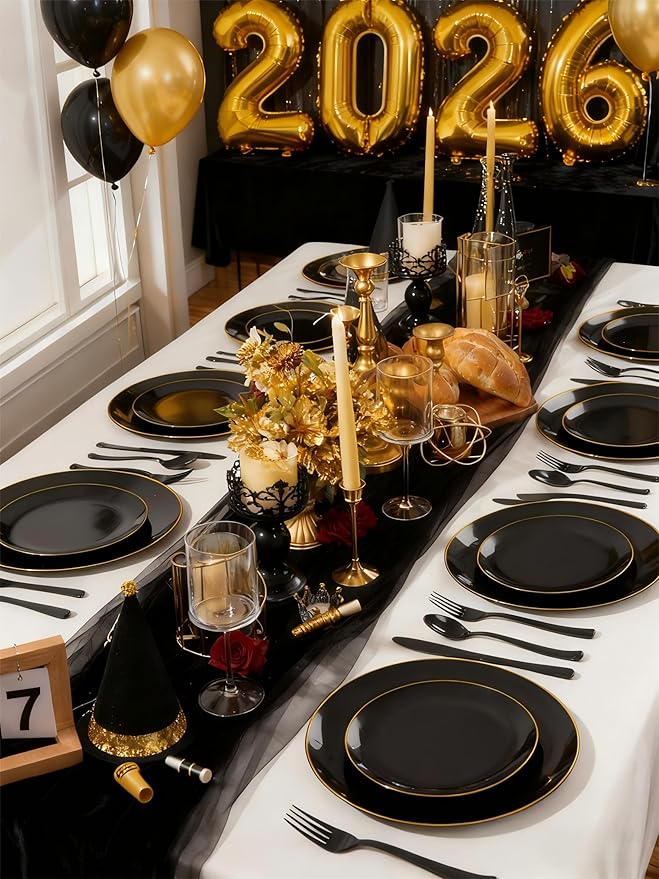 WDF 180 Pieces Black Plastic Silverware - Plastic Silverware Set Include 60 Forks, 60 Knives, 60 Spoons - Heavy Duty Black Disposable Cutlery - Disposable Utensils for New Year, Wedding