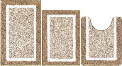 Pauwer Bathroom Rugs Sets 3 Piece Bathroom Shower Rugs with U-Shaped Contour Toilet Mat Absorbent Microfiber Plush Non Slip Bath Mats Machine Washable Shaggy Bath Floor Mats, Khaki