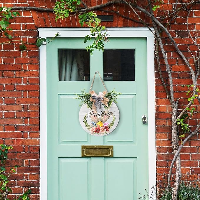 Harooni Easter Sign 12x12 Inch Wooden Hanging Sign Cute Easter Bunny Welcome Wreaths for Front Door Indoor Outdoor