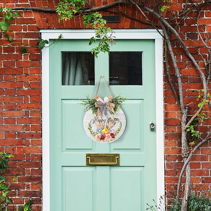 Harooni Easter Sign 12x12 Inch Wooden Hanging Sign Cute Easter Bunny Welcome Wreaths for Front Door Indoor Outdoor