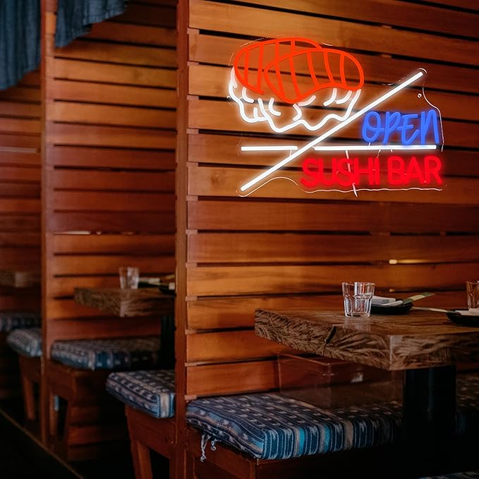 LISIGNVE Sushi Bar Open Neon Sign Led Open Sign for Wall Decor Sushi Bar Neon Light for Japanese Restaurant Shop Snack Food Street (16.5 * 12.6 Inch)