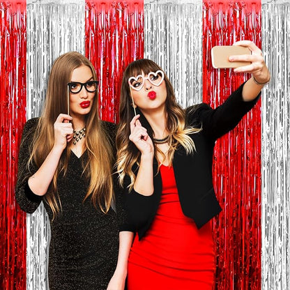 4 Pack Silver Red Foil Fringe Curtain Backdrop, 3.28Ft x 8.2Ft Metallic Tinsel Foil Fringe Streamers Curtains for Photo Booth, Wedding, Circus Welcome Carnival Birthday Party Decoration
