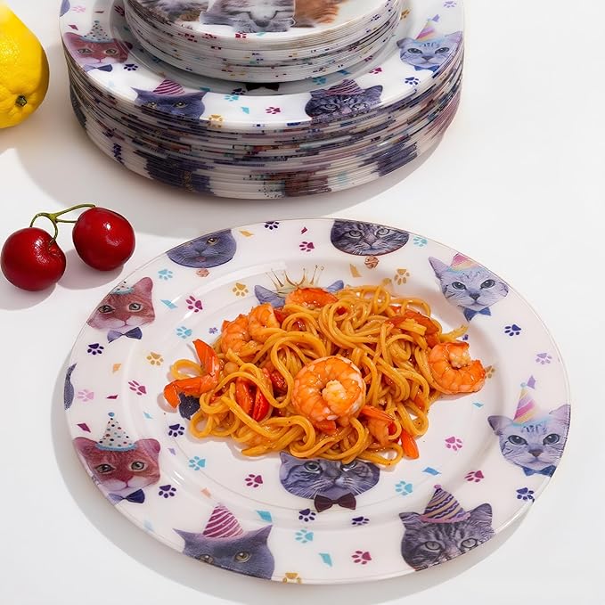 WELLIFE 20PCS Cat Theme Party Plates - Reusable Plastic Dinner & Dessert Plates (10×9.2" + 10×6.3") Kitten Birthday Party Supplies for Kids, Cute Cat Decorations for Girls Party