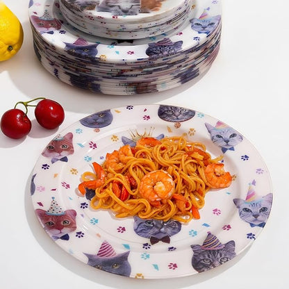 WELLIFE 20PCS Cat Theme Party Plates - Reusable Plastic Dinner & Dessert Plates (10×9.2" + 10×6.3") Kitten Birthday Party Supplies for Kids, Cute Cat Decorations for Girls Party