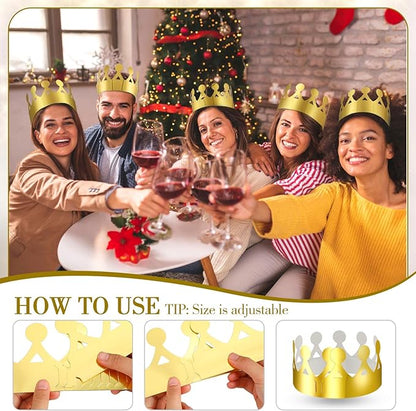 Crtiin 100 Pcs Gold Paper Crowns Birthday Party Bulk for Adults Classroom Students Hat Supplies Favors (Cute Style)
