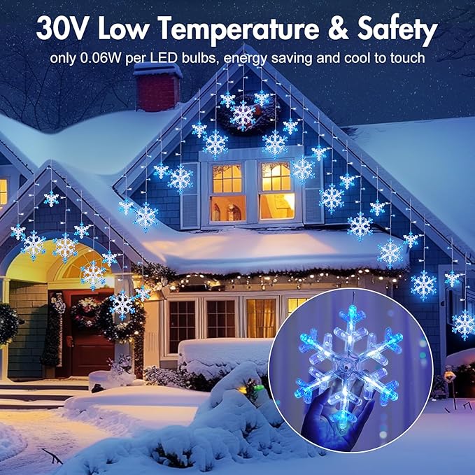 Minetom Christmas Snowflake Lights - 13ft 192LED Snowflake Icicle Lights with 16 Drops, 12 Modes and Timer, IP65 Waterproof Connectable Christmas Light for House Eave Window Indoor Outdoor Decoration