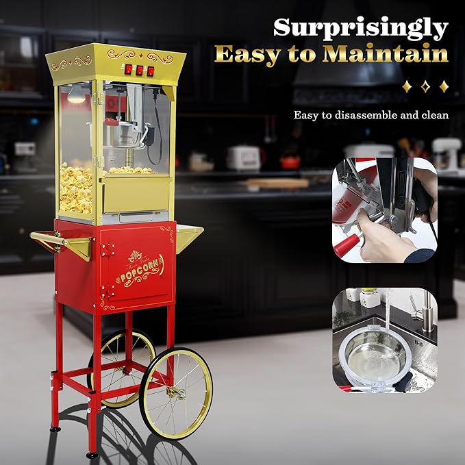 Vintage Commercial Popcorn Machine with Cart & Warmer Light - 12oz Stainless Steel Popper Makes 60 Cups for Home Theater and Parties, Red