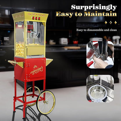 Vintage Commercial Popcorn Machine with Cart & Warmer Light - 12oz Stainless Steel Popper Makes 60 Cups for Home Theater and Parties, Red