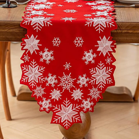 Joyfol Day Christmas Red Table Runner 14 x 69 Inch, Cutwork Embroidered White Snowflake Table Runners, for Xmas Holiday Winter Festival Kitchen Dining Tabletop Decoration