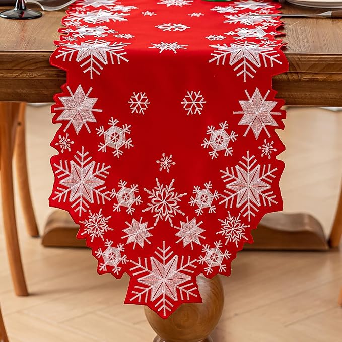 Joyfol Day Christmas Red Table Runner 14 x 86 Inch, Cutwork Embroidered White Snowflake Table Runners, for Xmas Holiday Winter Festival Kitchen Dining Tabletop Decoration