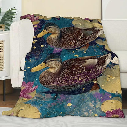 Retro Duck Floral Blanket,Vintage Elegant Lotus Flower and Lily Pad Blankts,Gifts for Nature Lovers Women Girls,Dorm Cabin Picnic and Travel Decor,Soft Cozy Lightweight Flannel Throw,50"x60"