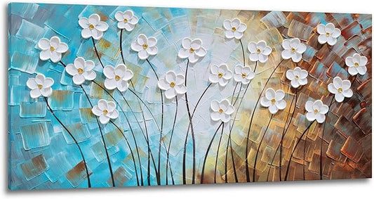 YHSKY ARTS Flower Canvas Wall Art Hand Painted 3D Turquoise Brown White Painting Modern Abstract Floral Pictures Aesthetic Artwork for Living Room Bedroom Dinning Room Decoration