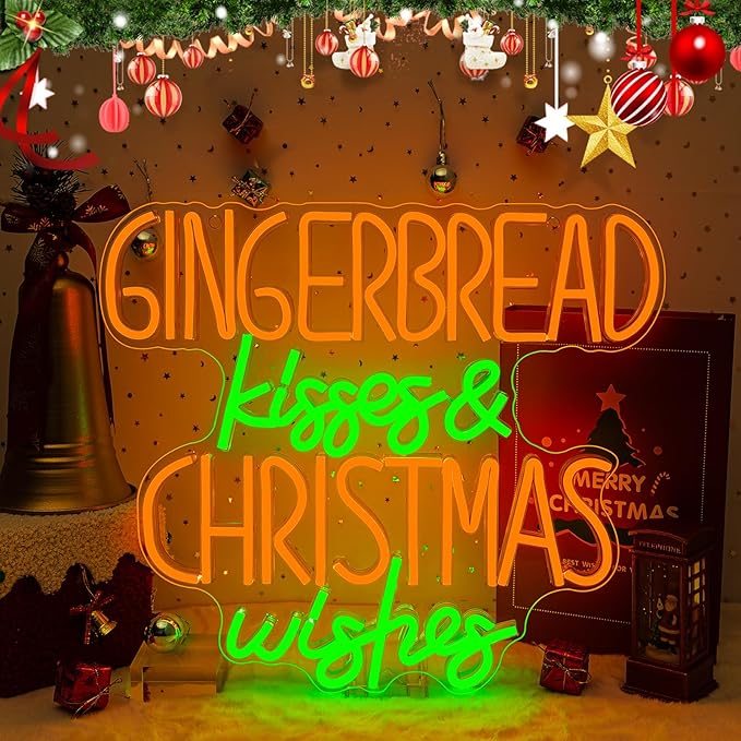 Horseneon Christmas Neon Sign Gingerbread Kisses Christmas Wishes Neon Sign Bright LED Wall Decoration for Home Kitchen Bakery USB Power Sweet Treats Neon Signs for Christma