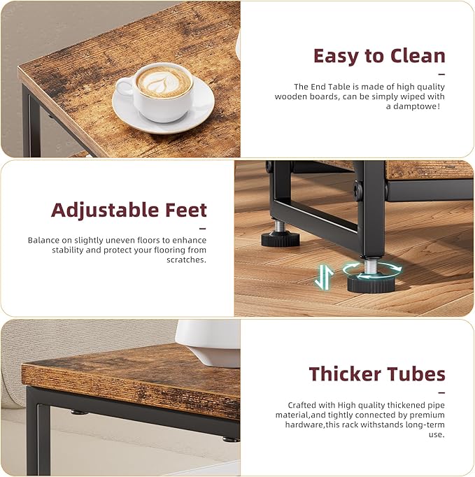 Simple Trending Side Table, End Table Living Room, Bedside Table for Sofa Couch, Nightstand with 3 Tiers Open Shelves, Rustic Brown