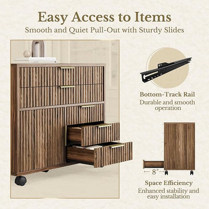 Fluted File Cabinet with 5 Drawers, Large Storage with Cabinet Door, Mobile Filing Cabinet with Locable Wheels for Home Office, Black Walnut