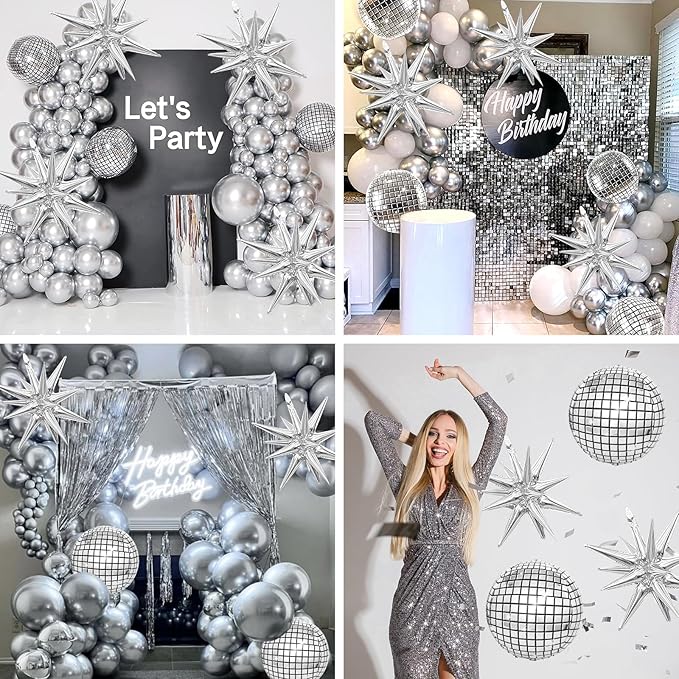 22 Inch Large 4D Metallic Silver Disco Ball Balloon with Explosion Star Foil Balloons for 70s 80s 90s Themed Party, Birthday, New Year, Graduation