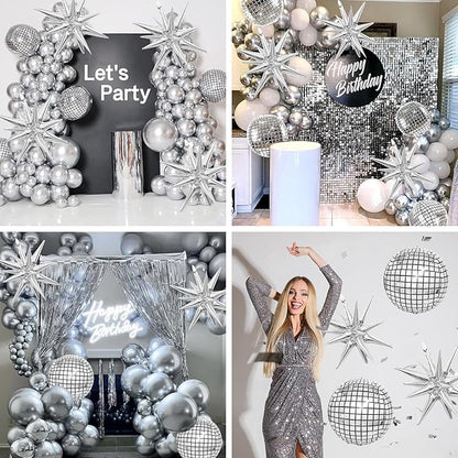 22 Inch Large 4D Metallic Silver Disco Ball Balloon with Explosion Star Foil Balloons for 70s 80s 90s Themed Party, Birthday, New Year, Graduation