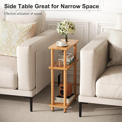 Apicizon Small Narrow Side Table, 3-Tier Skinny End Table for Small Spaces, Slim Nightstand with Storage Shelf, Bedside Table for Living Room, Bedroom, Natural
