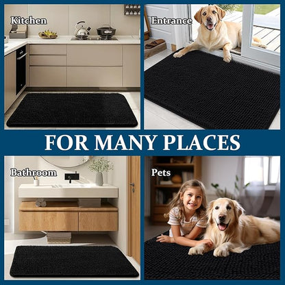 OLANLY Dog Door Mat for Muddy Paws 70x46, Absorbs Moisture and Dirt, Absorbent Non-Slip Washable Doormat, Quick Dry Chenille Mud Mat for Dogs, Entry Indoor Entryway Carpet for Inside Floor, Black