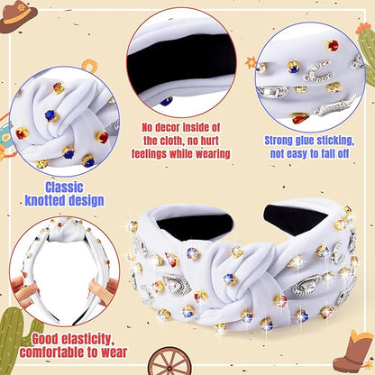 PANTIDE Western Jeweled Knotted Headband - Cowgirl Boots Guitar Cactus Rhinestone Crystal Embellished Headband Wide Top Knot Fashion Hairband Hair Accessories Birthday Gift for Women Girls (White)