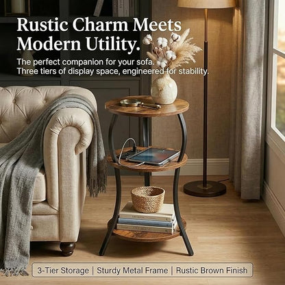 Small Round Side Table with Charging Station, 3-Tier Waist Circular End Table with Storage Shelf, Compact Tea Sofa Side Table Small Spaces, Round Corner Coffee Table for Living Room Bedroon,Brown