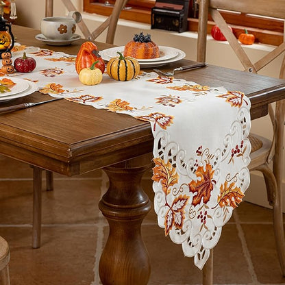 Joyfol Day Thanksgiving Table Runner 14 x 59 Inches, Cutwork Embroidered Maple Leaves Dresser Scarf, Fall Table Runners for Home Kitchen Dining, Autumn Harvest Party Tabletop Decoration