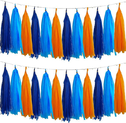 We Moment Navy Blue and Orange Tassel Garland Banner Paper Tassels for Birthday Party Decorations,Pack of 15