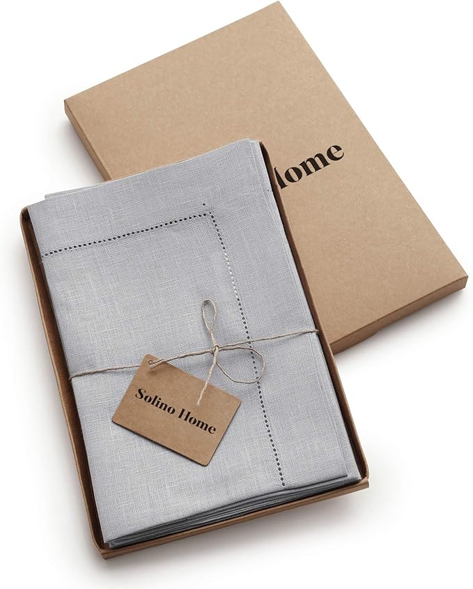 Solino Home Linen Napkins Set of 6 - Classic Hemstitch 100% Pure Linen Soft Grey Dinner Napkins Cloth 20 x 20 Inch for Fall, Autumn, Christmas, Winter, New Year - Handcrafted and Machine Washable